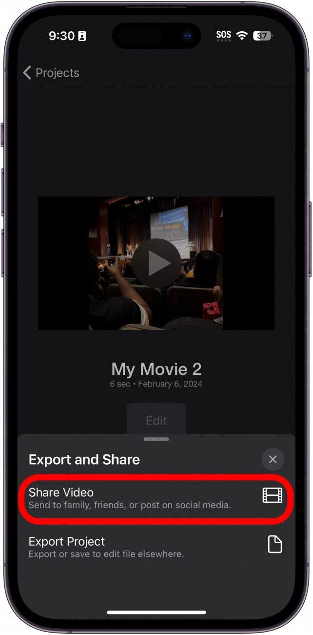 écran de projet d'exportation d'application iphone imovie avec bouton de partage vidéo entouré en rouge