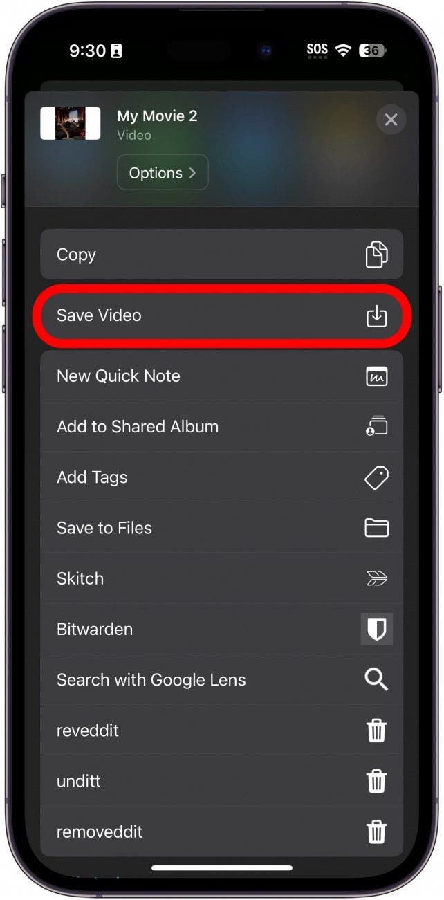 écran de projet d'exportation d'application iphone imovie avec bouton de sauvegarde vidéo entouré en rouge
