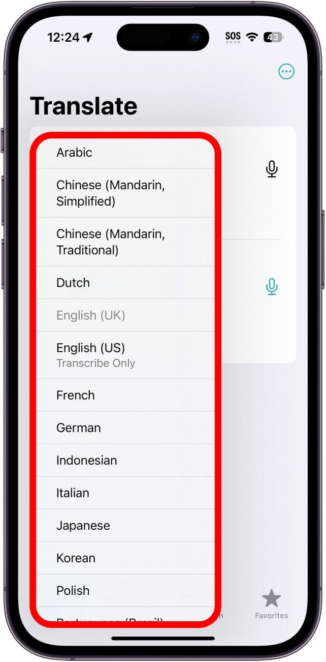Application de traduction iPhone avec un cadre rouge autour de la liste des langues