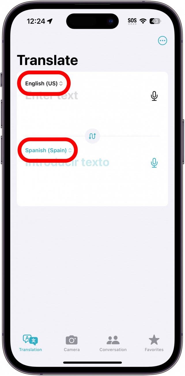Application de traduction iPhone avec un cercle rouge autour des options de langue anglaise et espagnole