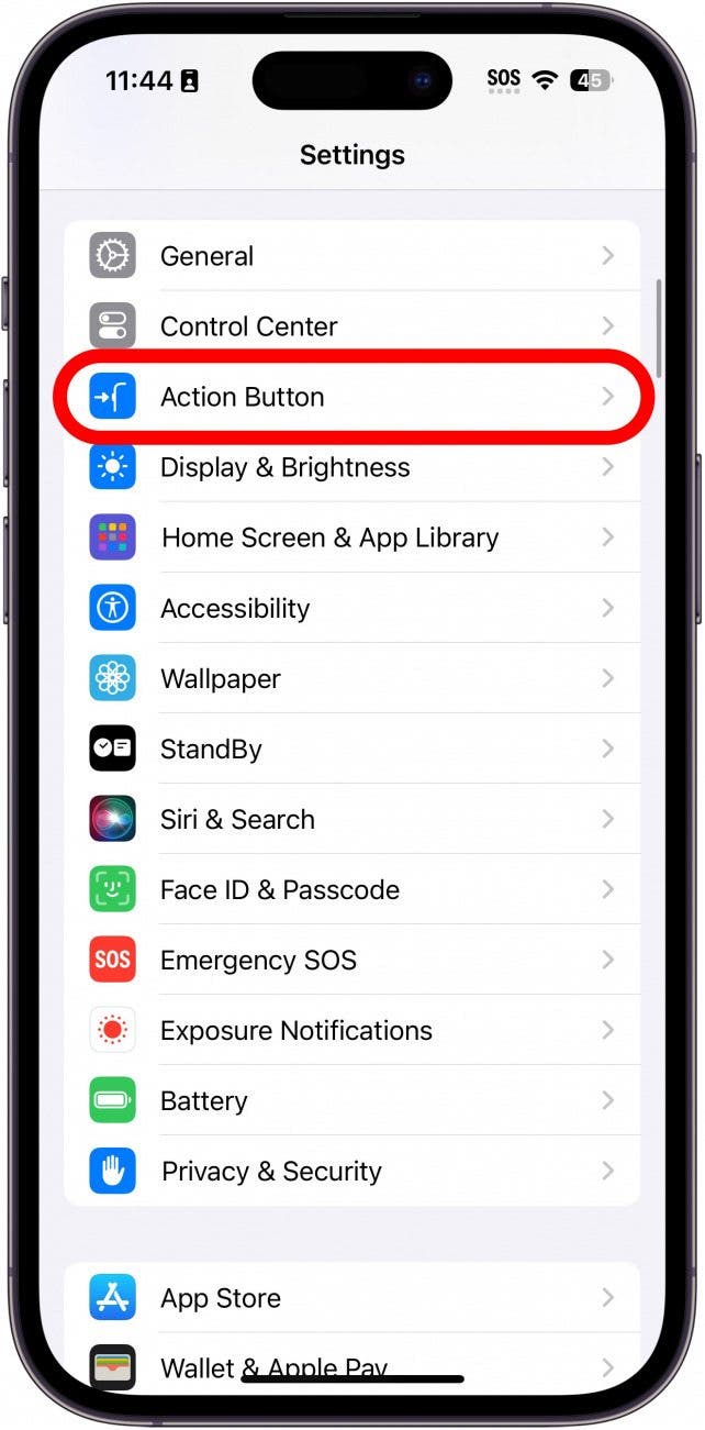 paramètres iphone avec bouton d'action entouré en rouge