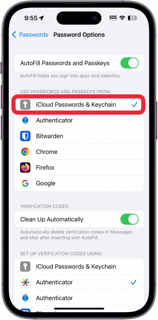 options de mot de passe iPhone avec la bascule Mots de passe iCloud et trousseau entourée en rouge