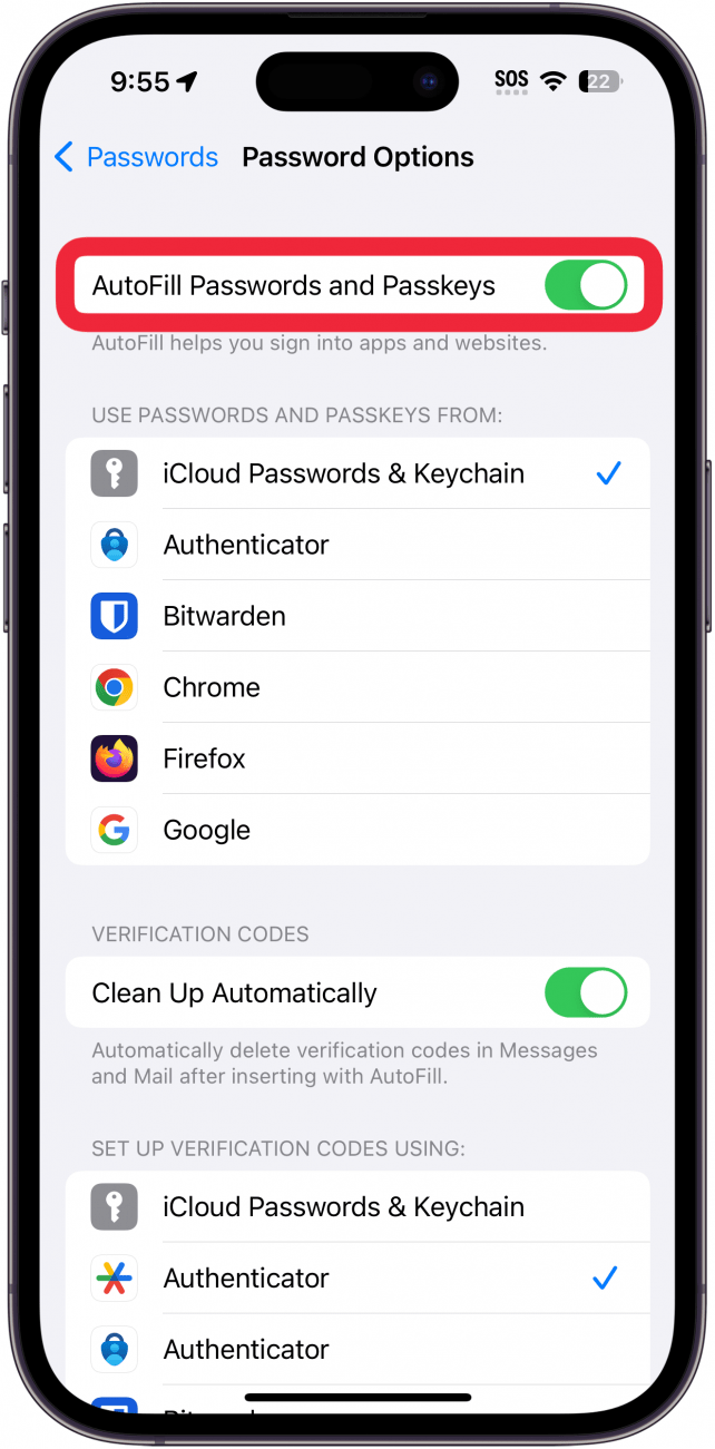 options de mot de passe iPhone avec bascule de remplissage automatique des mots de passe et des clés d'accès entourées en rouge