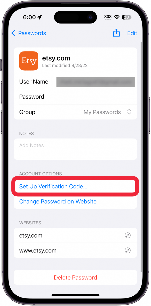 Écran des mots de passe iPhone affichant les informations du compte Etsy avec le bouton de code de vérification de configuration entouré en rouge