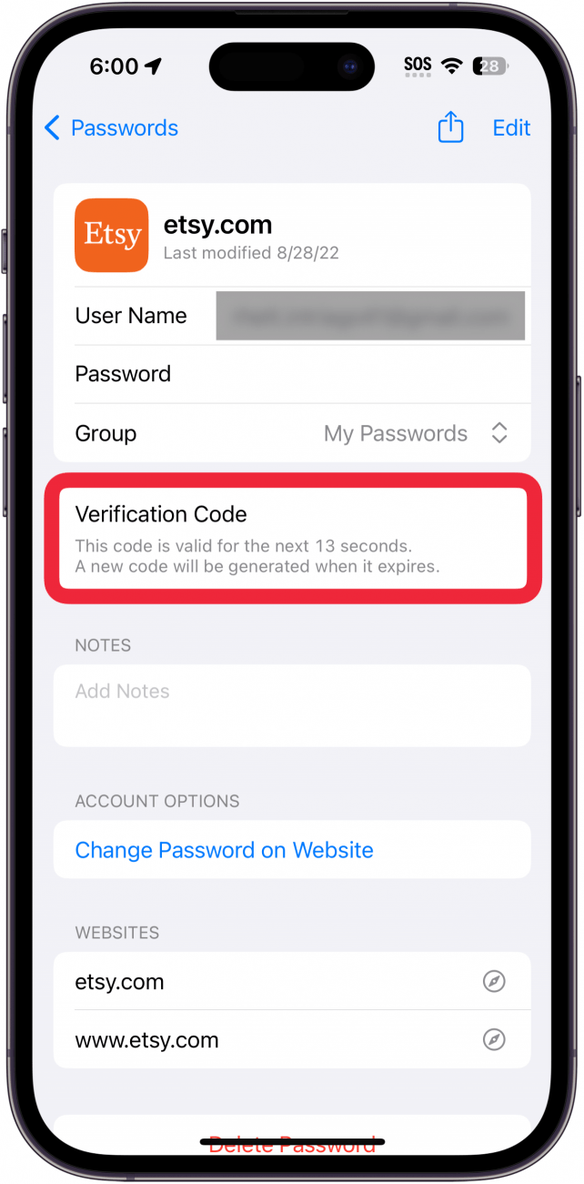 écran des mots de passe iPhone affichant les informations du compte Etsy avec un cadre rouge autour du code de vérification