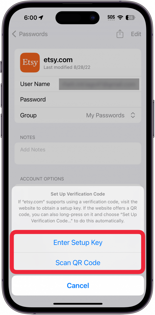Écran des mots de passe iPhone affichant les informations du compte Etsy avec les boutons Enter Setup Key ou Scan QR Code entourés en rouge