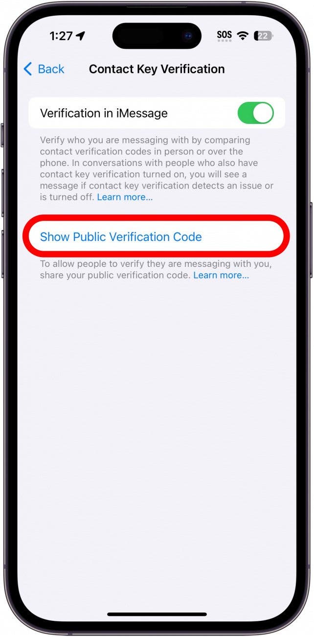 paramètres de vérification des clés de contact avec afficher le code d'identification public entouré en rouge