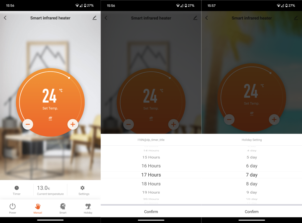 Captures d'écran Android montrant le mode Confort, la minuterie d'arrêt et le réglage des vacances