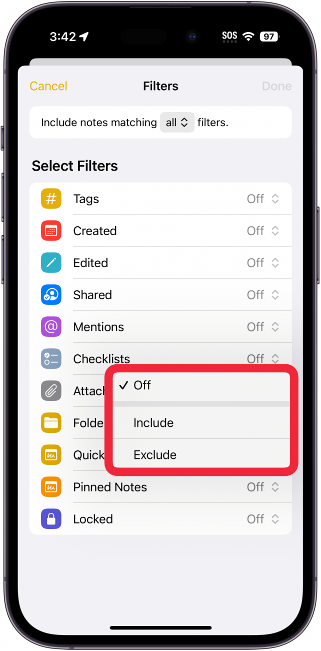 personnalisation du filtre de dossier intelligent des notes iPhone avec un cadre rouge autour des options de notes épinglées pour inclure, exclure et désactiver