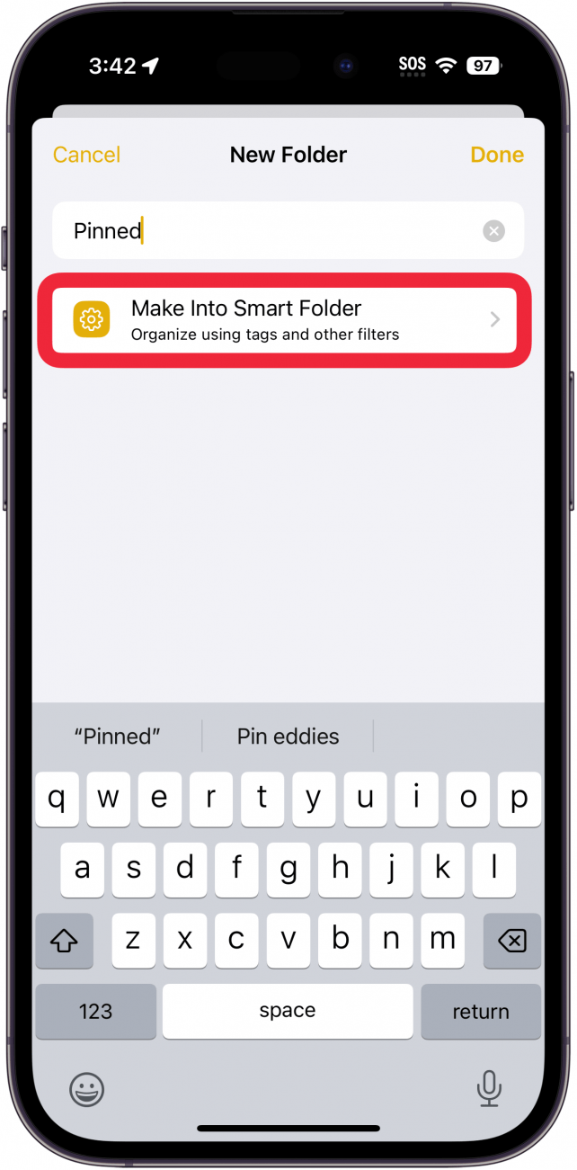 l'iPhone note un nouvel écran de dossier avec un cadre rouge autour du bouton Créer un dossier intelligent 