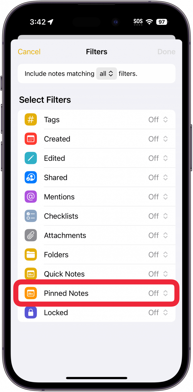 personnalisation du filtre de dossier intelligent de notes iPhone avec un cadre rouge autour du filtre de notes épinglées
