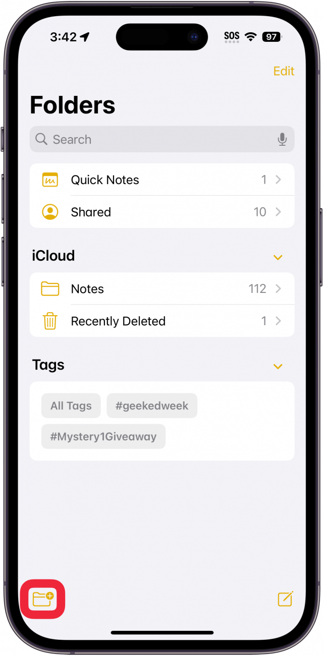 application de notes iPhone avec un cadre rouge autour de l'icône du nouveau dossier