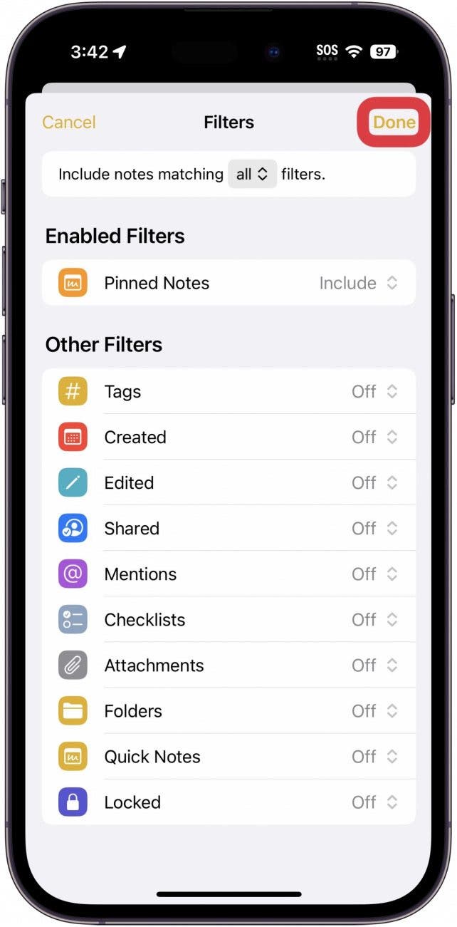 iPhone note la personnalisation du filtre de dossier intelligent avec un cadre rouge autour du bouton Terminé