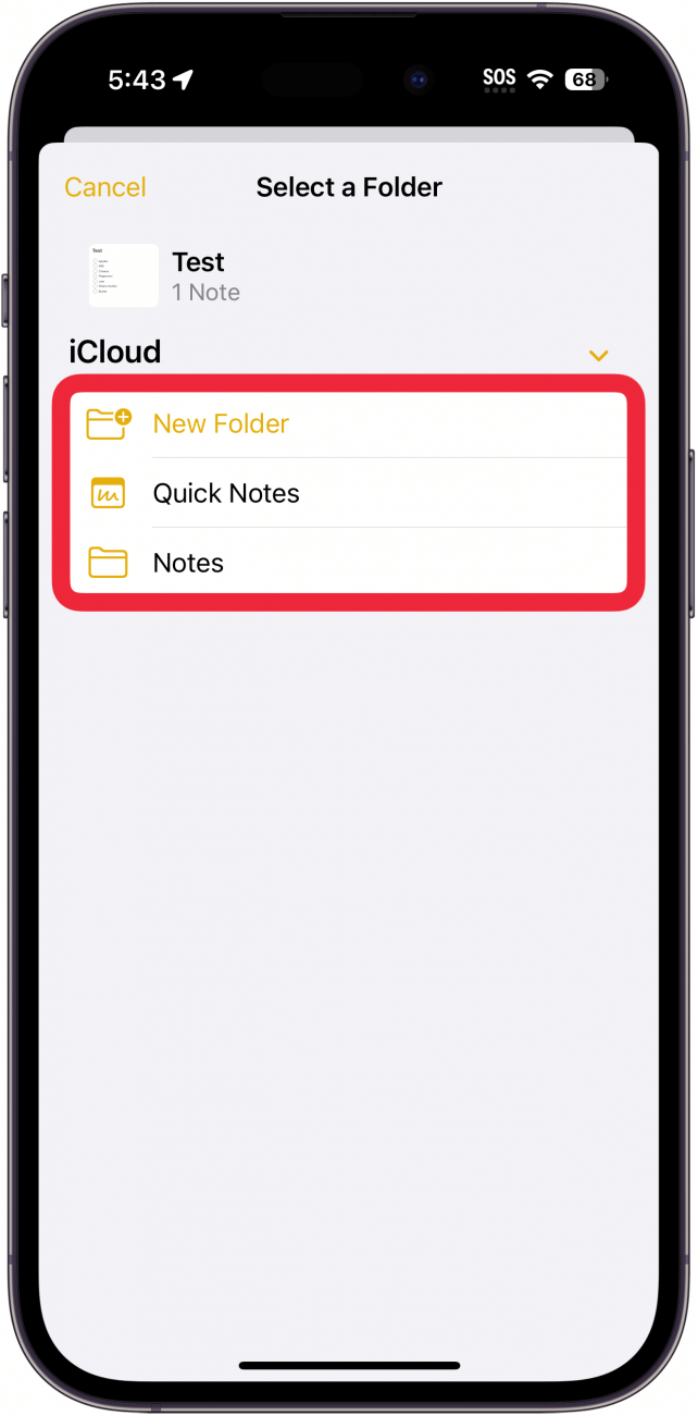 Notes iPhone Dossier récemment supprimé avec un cadre rouge autour d'une liste de dossiers vers lesquels déplacer la note supprimée