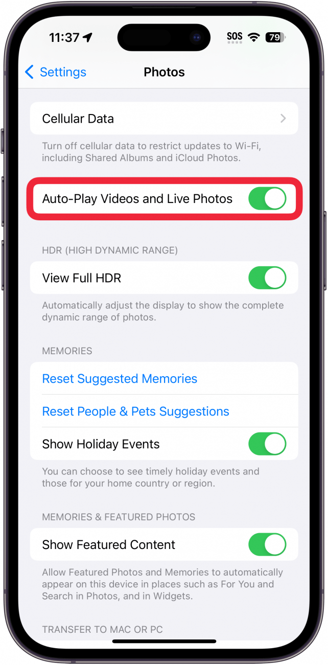paramètres des photos de l'iPhone avec un cadre rouge autour de la bascule de lecture automatique de vidéos et de photos en direct