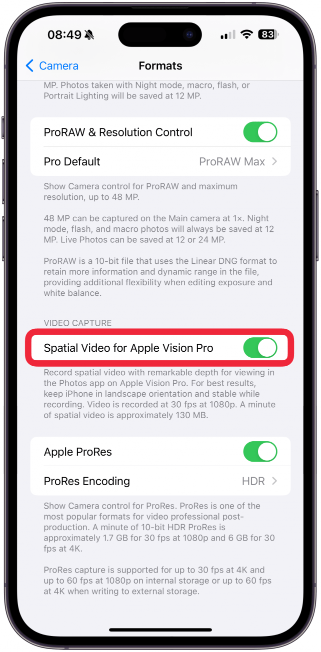 Activez ou désactivez la vidéo spatiale pour Apple Vision Pro.