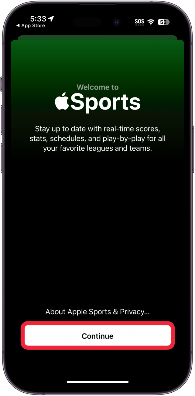 application de sport iPhone avec un cadre rouge autour du bouton Continuer