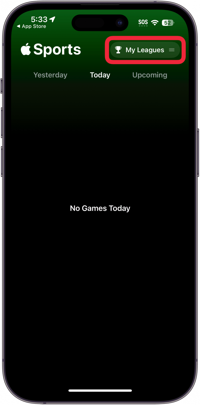 application de sport sur iPhone avec un cadre rouge autour du bouton Mes ligues