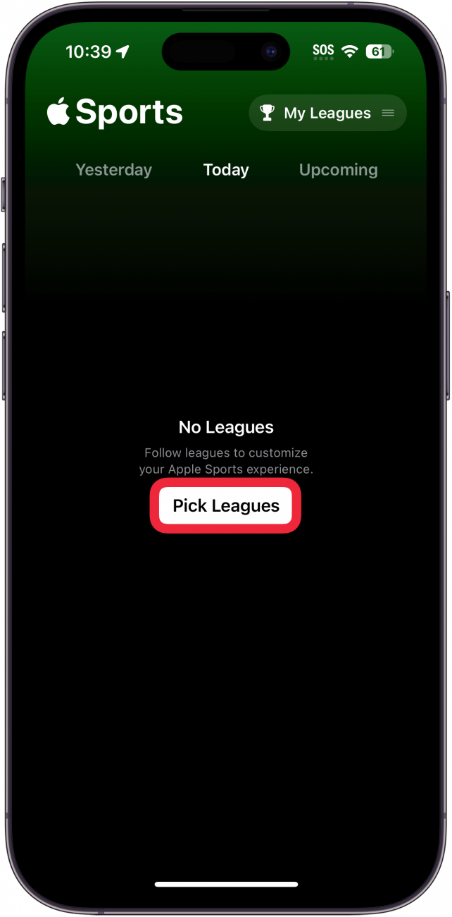 application de sport sur iPhone avec un cadre rouge autour du bouton de sélection des ligues
