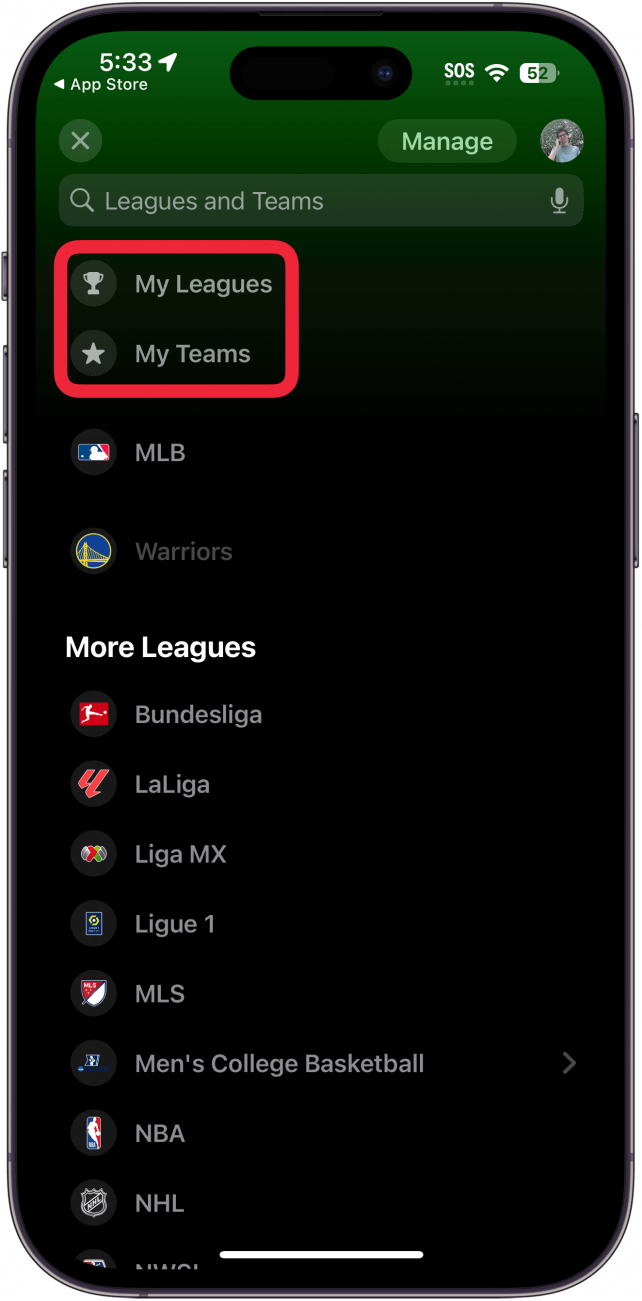 application de sport sur iPhone affichant les ligues et les équipes avec un cadre rouge autour du bouton mes ligues et mes équipes