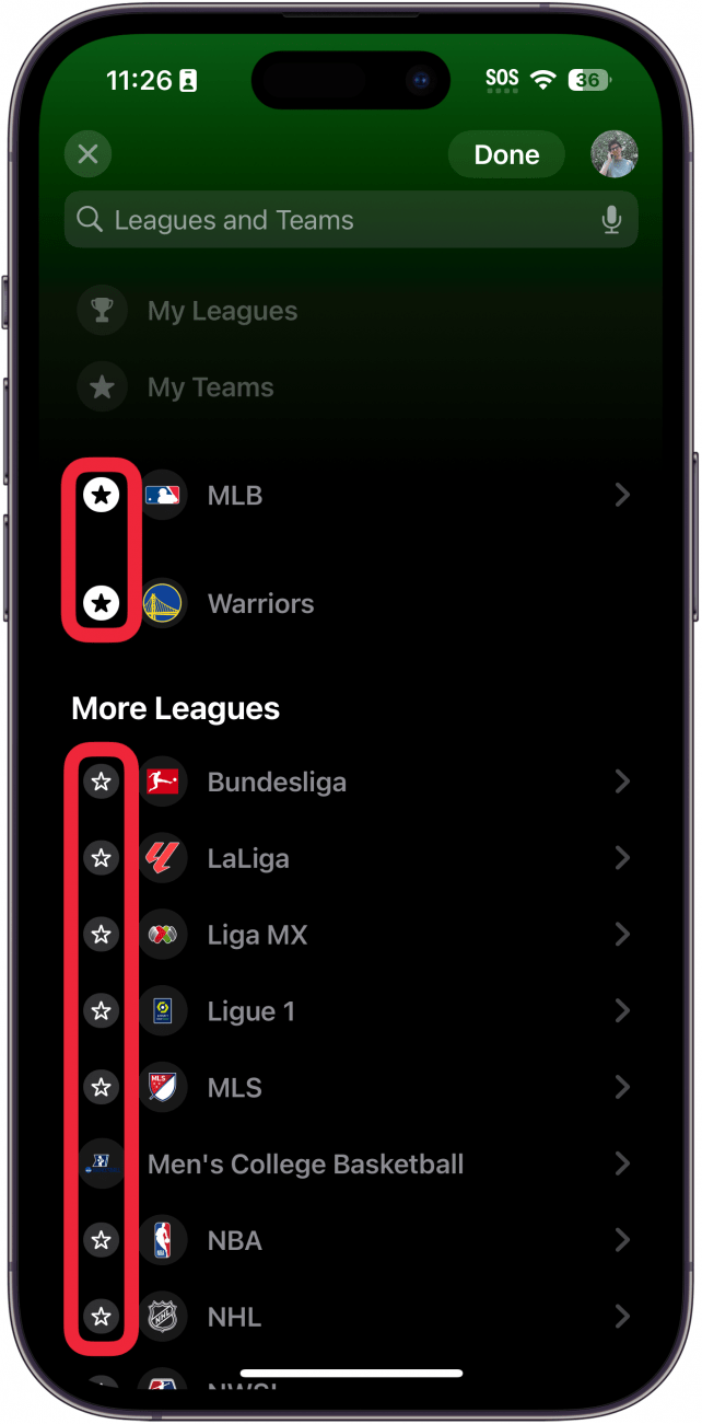 application de sport pour iPhone affichant les ligues et les équipes avec un cadre rouge autour des icônes d'étoiles