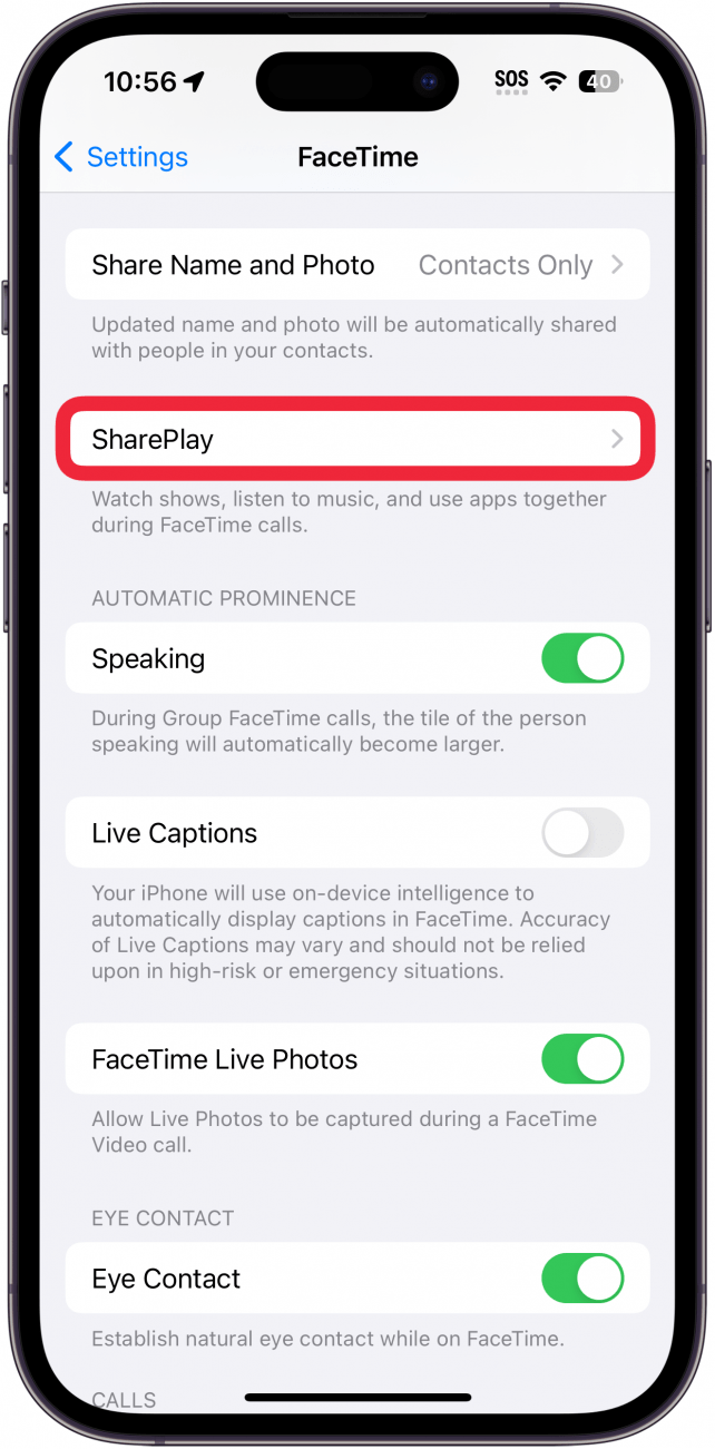 Paramètres FaceTime de l'iPhone avec un cadre rouge autour de Shareplay