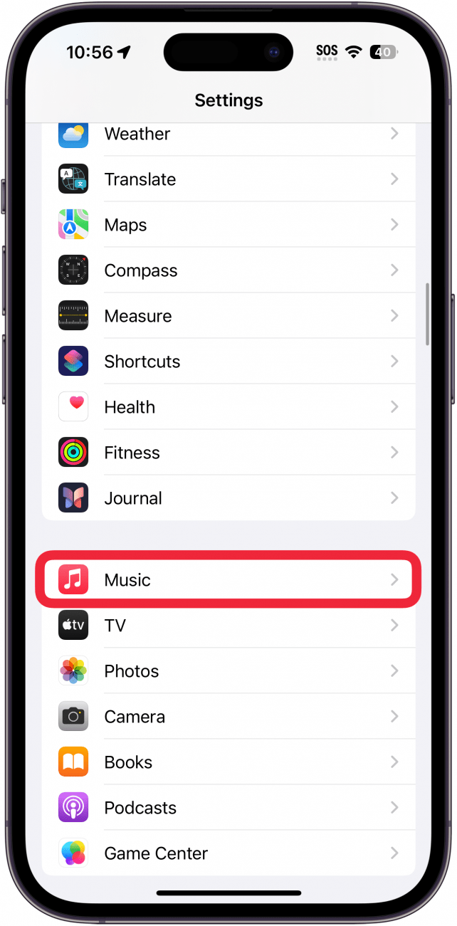 Paramètres de l'iPhone avec un cadre rouge autour de la musique