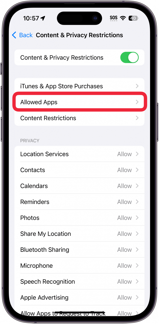 Paramètres de contenu de temps d'écran de l'iPhone et de restrictions de confidentialité avec un cadre rouge autour des applications autorisées