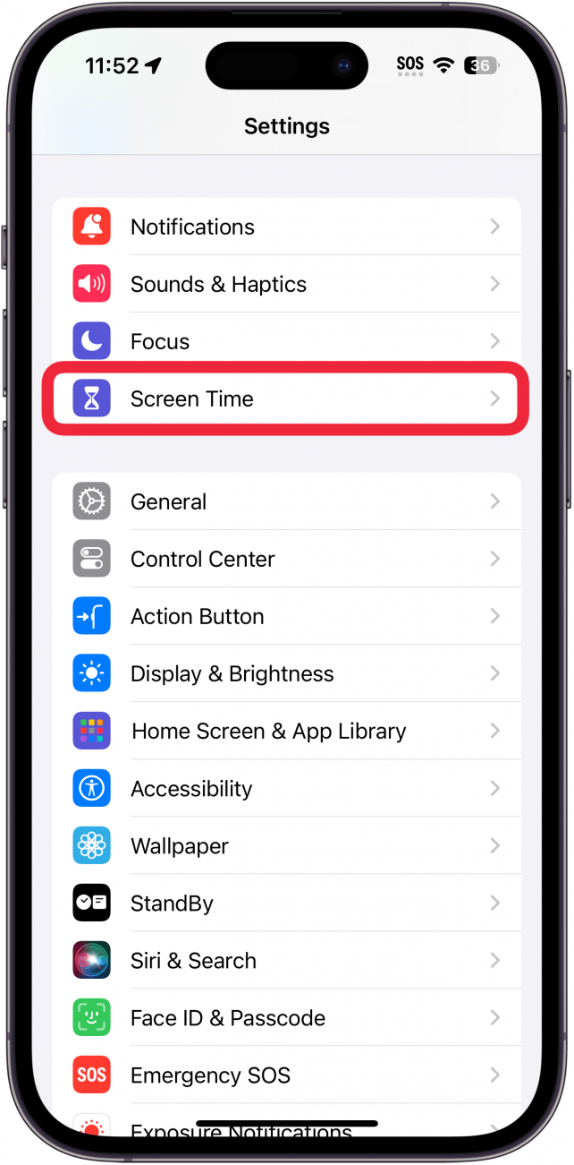 application de paramètres iPhone avec une case rouge autour du temps d'écran