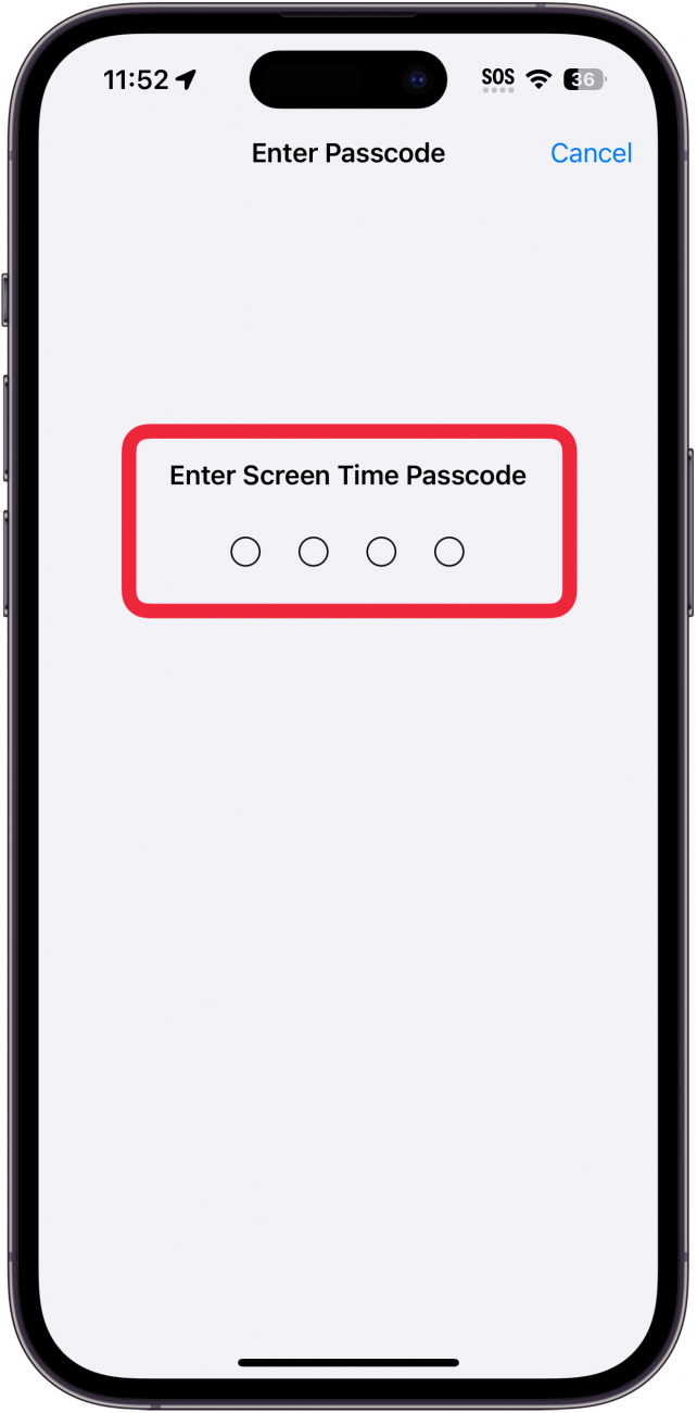 écran de code d'accès à l'écran de l'iphone avec un cadre rouge autour du champ de saisie