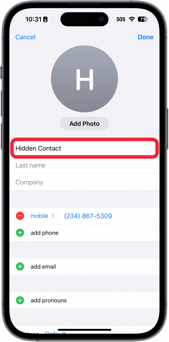 iPhone modifier le menu des contacts avec un cadre rouge autour du nom du contact