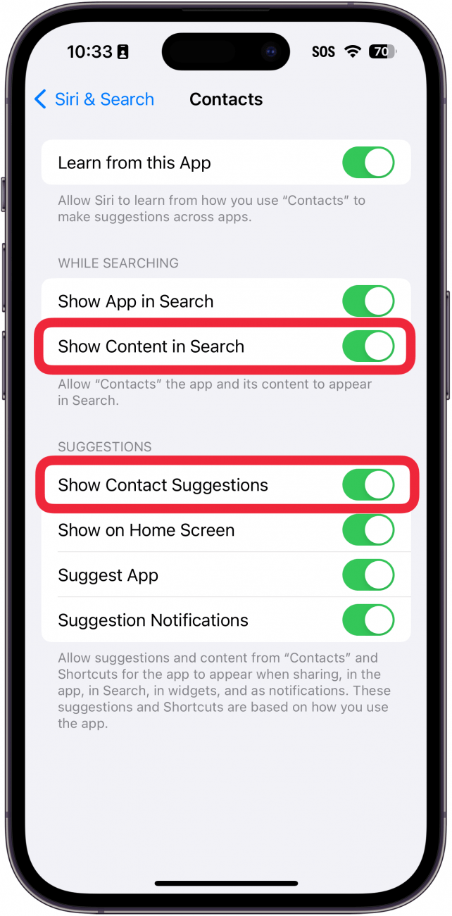 iPhone Siri et paramètres de recherche pour l'application Contacts avec des cases rouges autour Afficher le contenu dans la recherche et afficher les suggestions de contacts