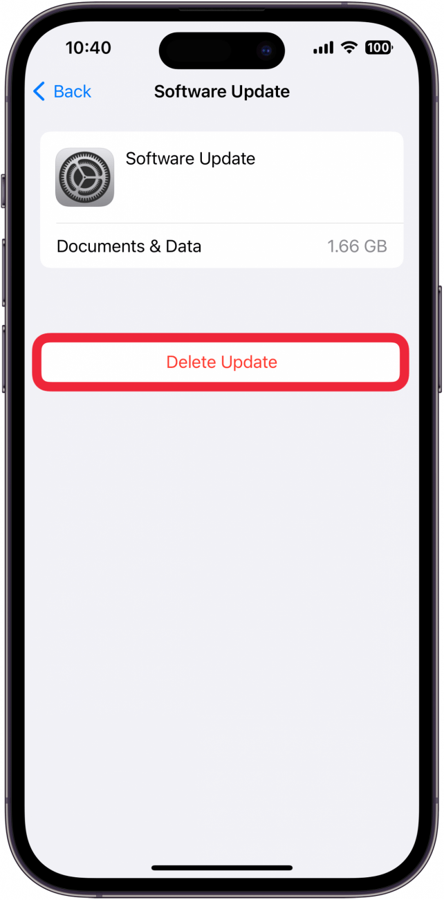 écran de gestion du stockage iphone pour une mise à jour logicielle avec bouton de suppression de mise à jour entouré en rouge
