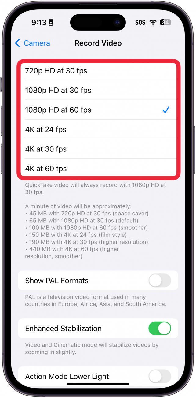 iPhone enregistre les paramètres vidéo avec un cadre rouge autour des paramètres de résolution vidéo
