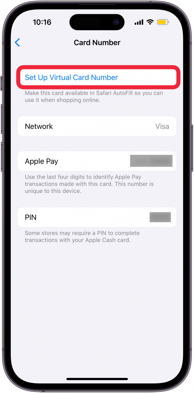 écran de numéro de carte virtuelle iphone apple wallet avec bouton de numéro de carte virtuelle de configuration entouré en rouge