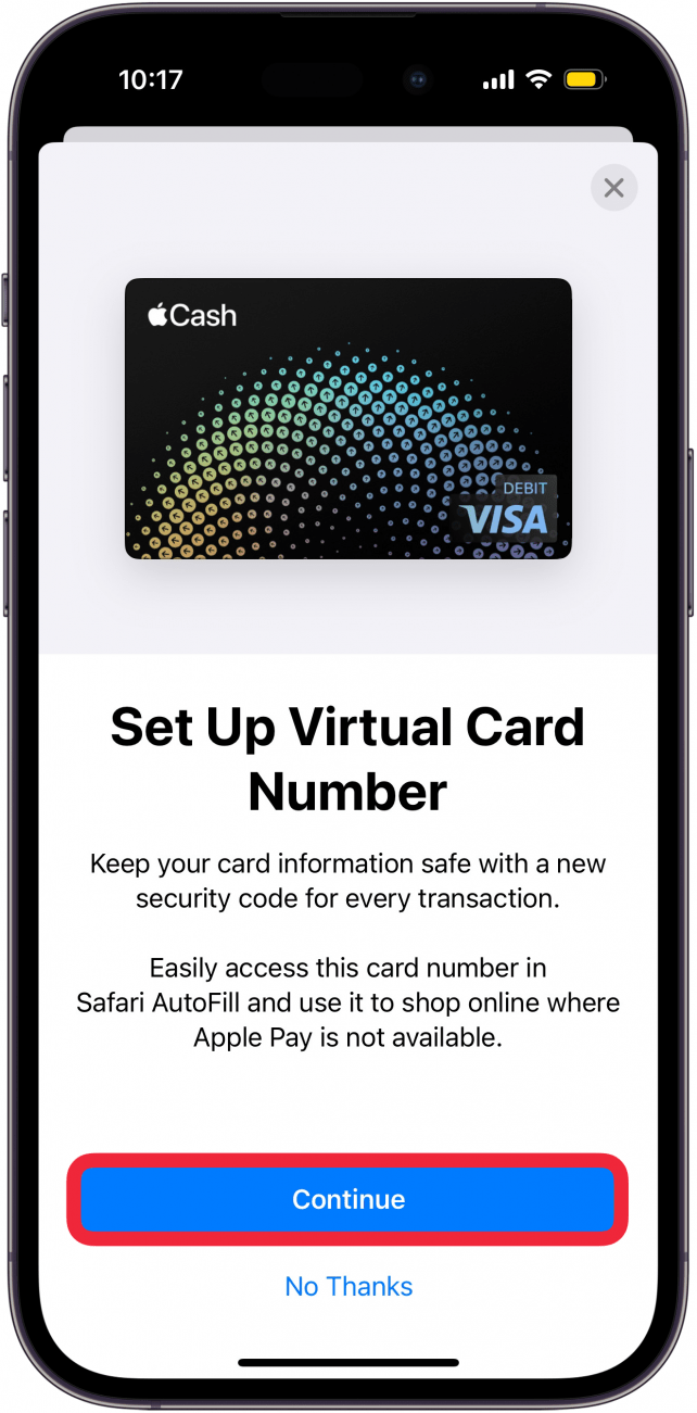 Écran de configuration du numéro de carte virtuelle du portefeuille Apple iPhone avec un cadre rouge autour du bouton Continuer