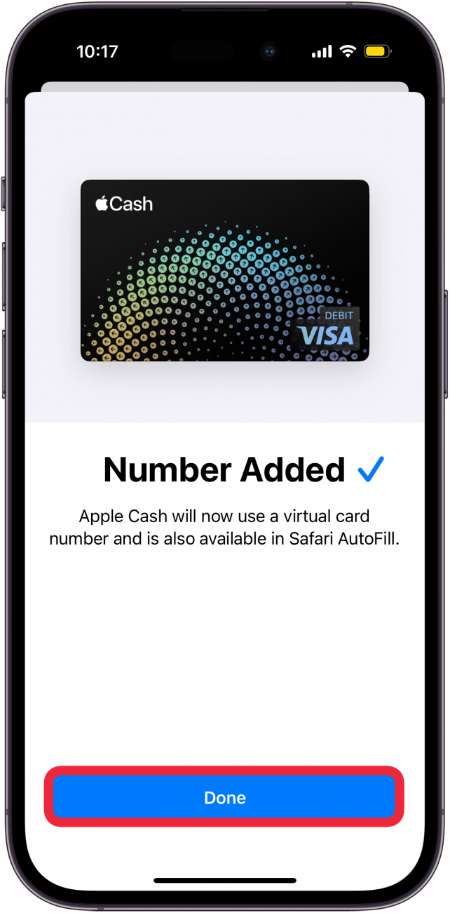 Écran de configuration du numéro de carte virtuelle du portefeuille Apple iPhone avec une boîte rouge autour du bouton Terminé