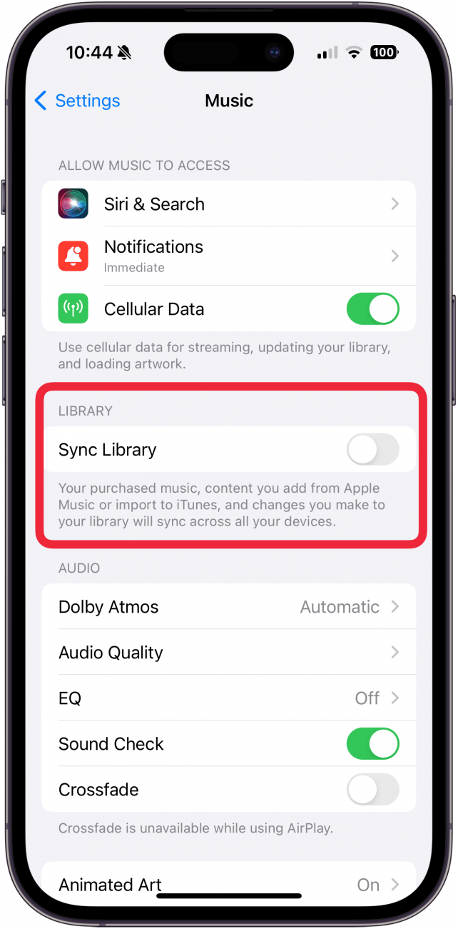 désactiver la bibliothèque de synchronisation dans les paramètres Apple Music