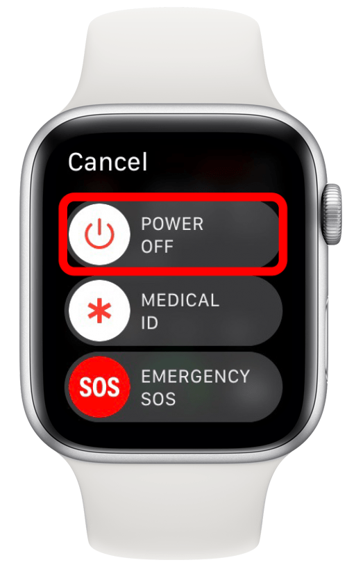 Un écran apparaîtra avec l'option appeler à l'aide via SOS Urgence ou éteindre votre Apple Watch.