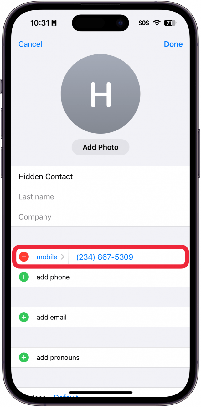 iphone modifier le menu de contact avec un cadre rouge autour du numéro de téléphone de contact
