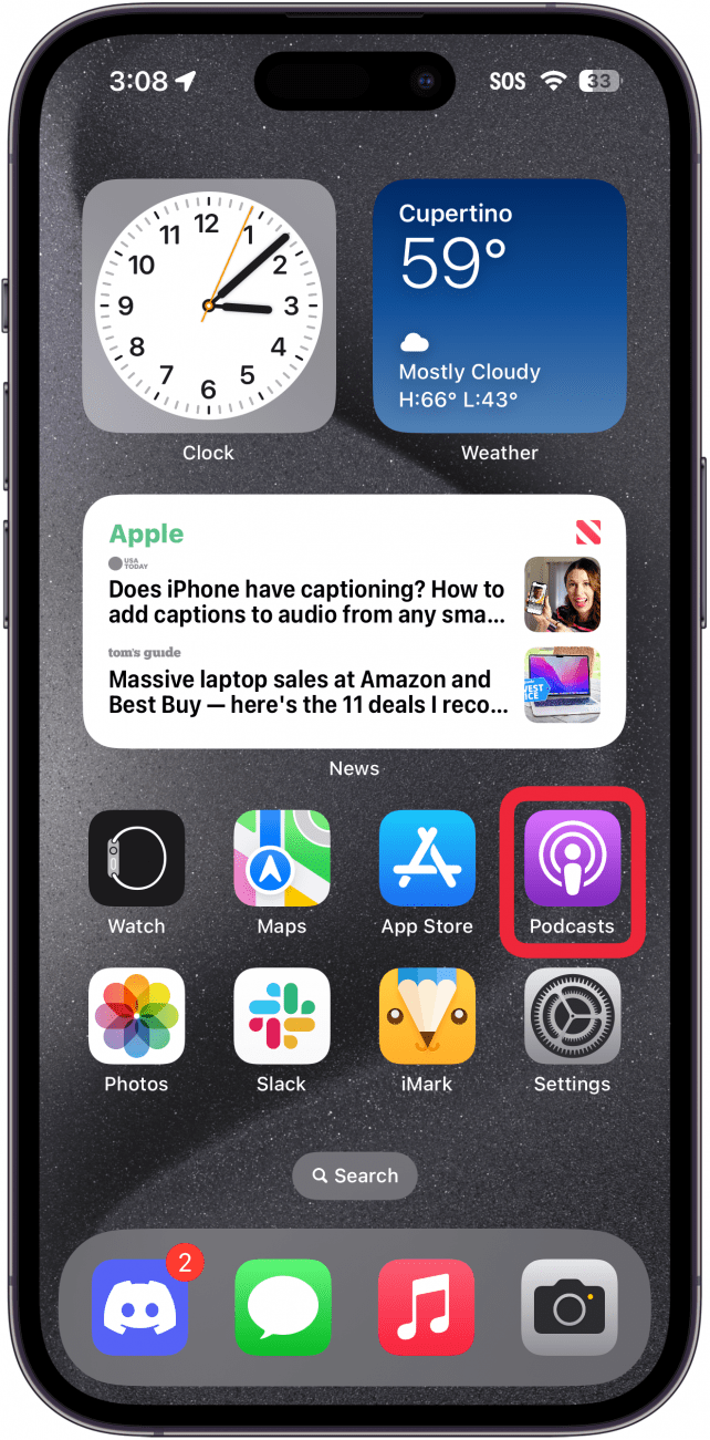 écran d'accueil de l'iphone avec un cadre rouge autour de l'application podcasts