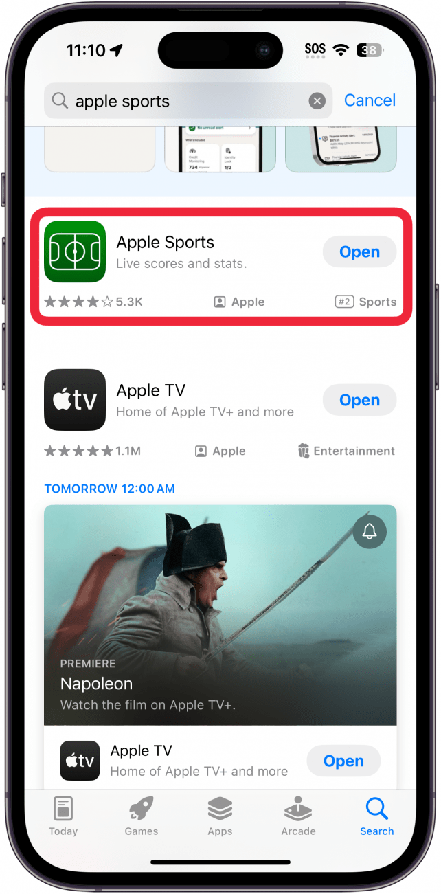 Résultats de recherche sur l'App Store de l'iPhone avec un cadre rouge autour de l'application de sport