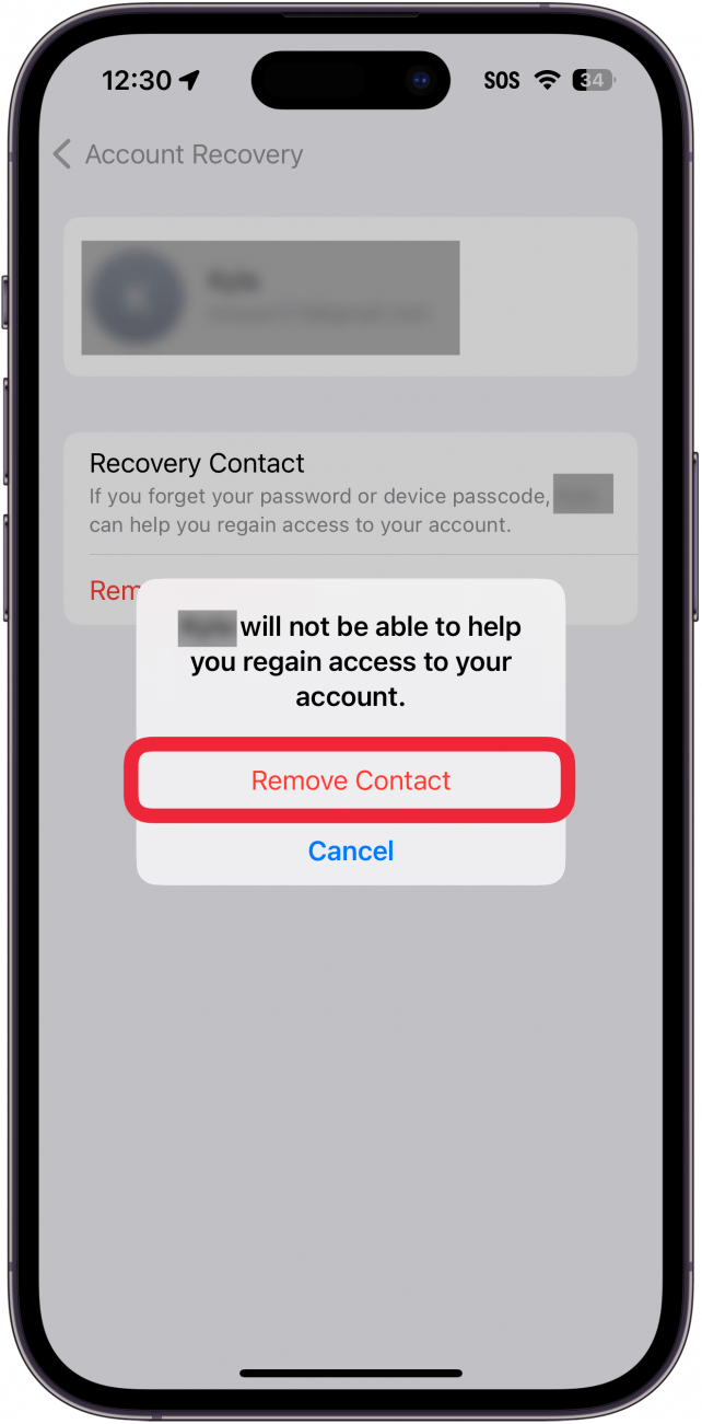 Paramètres de récupération du compte iPhone Apple ID affichant une fenêtre de confirmation avec un cadre rouge autour du bouton Supprimer le contact