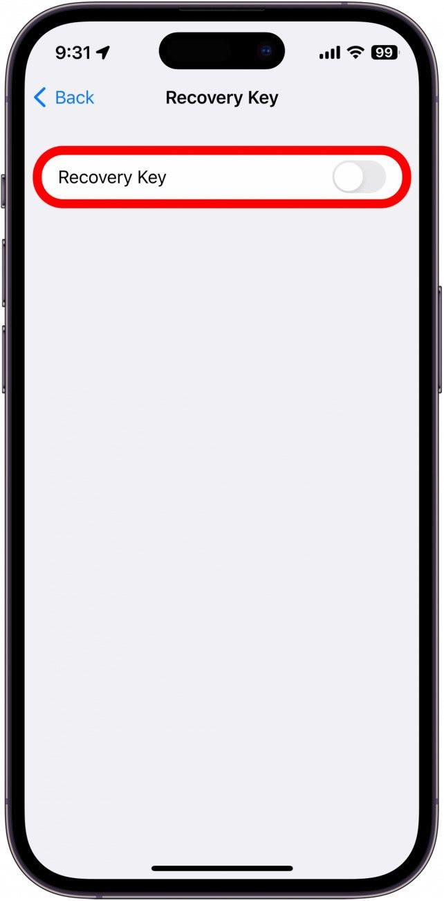 Écran de clé de récupération de compte iPhone avec un cadre rouge autour de la bascule de la clé de récupération