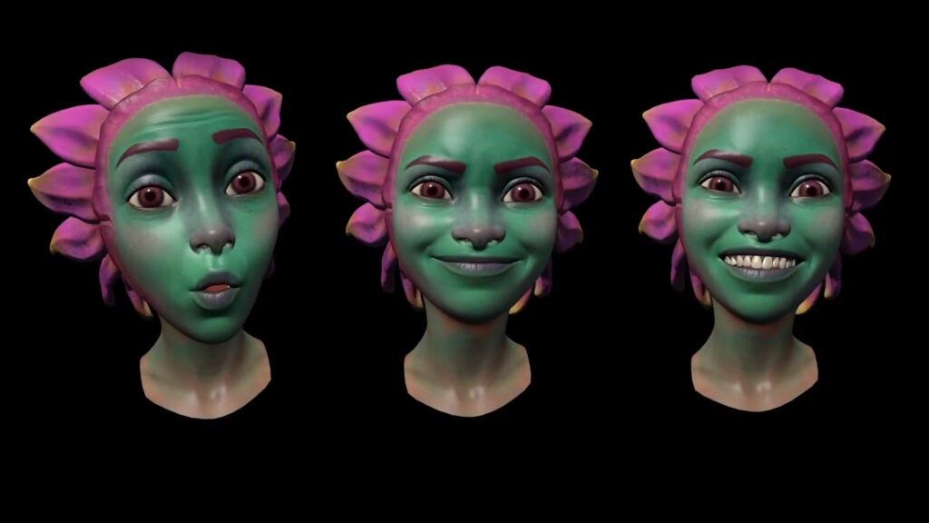 Trois expressions faciales d'un avatar numérique.