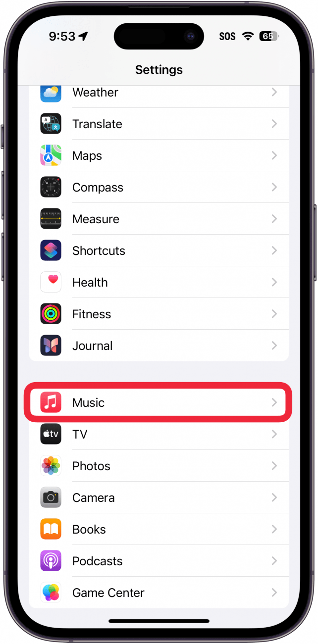 Paramètres de l'iPhone avec un cadre rouge autour de la musique